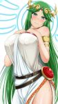  1girl areolae arima_kouichi armlet bare_shoulders blush breasts brown_hair closed_mouth commentary covered_nipples cowboy_shot green_eyes green_hair hair_ornament halo kid_icarus kid_icarus_uprising large_areolae large_breasts long_hair looking_at_viewer palutena simple_background solo strapless super_smash_bros. thighs tiara very_long_hair white_background 