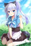  1girl :o animal_ear_fluff animal_ears apron bangs between_legs blue_capelet blue_eyes blue_hair blue_sky blush brown_skirt capelet cloud cloudy_sky commentary_request day eyebrows_visible_through_hair fang frilled_apron frills gochuumon_wa_usagi_desu_ka? grass hair_between_eyes hair_ornament hand_between_legs hood hood_down hooded_capelet kafuu_chino kedama_(kedama_akaza) kneehighs no_shoes on_grass outdoors parted_lips ponytail sitting skirt sky solo tail v-shaped_eyebrows waist_apron wariza white_apron white_legwear wolf_ears wolf_girl wolf_tail x_hair_ornament 