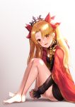  1girl :d bangs bare_legs barefoot black_dress blonde_hair blush breasts cape commentary_request dress earrings ereshkigal_(fate/grand_order) eyebrows_visible_through_hair fate/grand_order fate_(series) greem_bang grey_background hair_between_eyes hair_ribbon hands_clasped head_tilt highres infinity jewelry knees_up legs long_hair long_sleeves looking_at_viewer open_mouth own_hands_together parted_bangs red_cape red_eyes red_ribbon ribbon single_sleeve sitting skull sleeves_past_wrists small_breasts smile solo spine tiara two_side_up very_long_hair 