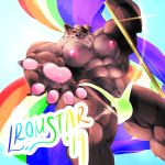  abs anthro brown_fur bulge canid canine clothing dancing flag fur gay_pride handpaw hi_res looking_at_viewer low-angle_view male male/male mammal muscular nipples paws pecs pole pole_dancing pubes reaching_out smile stripper_pole thick_thighs thong 