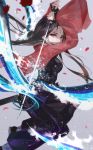  1girl absurdres belt black_hair hair_ribbon haori highres holding holding_sword holding_weapon japanese_clothes kamado_nezuko katana kimetsu_no_yaiba long_hair long_sleeves petals red_eyes ribbon sheath solo sword uniform vardan water weapon what_if 