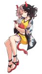  1girl alphes_(style) animal_ears animal_print black_hair collarbone cow_ears cow_print dairi full_body horns looking_at_viewer midriff multicolored_hair navel open_mouth parody red_eyes red_horns short_hair simple_background smile solo style_parody tachi-e touhou two-tone_hair ushizaki_urumi white_background white_hair 