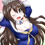  1girl arms_behind_head ashigara_(kantai_collection) blue_shirt breasts brown_eyes brown_hair cleavage commentary_request cosplay cowboy_shot fang fletcher_(kantai_collection) fletcher_(kantai_collection)_(cosplay) hairband honeycomb_(pattern) honeycomb_background kantai_collection large_breasts long_hair looking_at_viewer looking_down multicolored multicolored_background neckerchief off_shoulder one_eye_closed ouno_(nounai_disintegration) sailor_collar school_uniform serafuku shirt skin_fang smile solo wavy_hair white_sailor_collar yellow_neckwear 