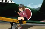  1girl aircraft aircraft_request airplane annin_musou black_legwear black_skirt blue_sky brown_hair cloud commentary_request day hand_on_own_face japanese_clothes kantai_collection kariginu kneehighs magatama outdoors platform_footwear pleated_skirt ryuujou_(kantai_collection) shikigami sitting skirt sky smile solo twintails visor_cap 