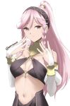  1girl black_hairband braid bridal_gauntlets fire_emblem fire_emblem:_kakusei fire_emblem_heroes hairband long_hair navel olivia_(fire_emblem) parted_lips pink_eyes pink_hair ponytail simple_background skeptycally solo twin_braids twitter_username upper_body white_background 