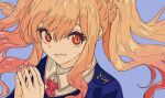  1girl :d absurdres aikatsu! aikatsu!_(series) bangs blonde_hair blue_background blue_jacket character_request collared_shirt eyebrows_behind_hair fingernails floating_hair hair_between_eyes hands_up highres huge_filesize jacket kogecha_(coge_ch) long_hair looking_at_viewer open_mouth pink_nails red_eyes red_neckwear shirt simple_background smile solo steepled_fingers very_long_hair white_shirt 