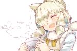  1girl ^_^ alpaca_ears alpaca_suri_(kemono_friends) animal_ears bangs blonde_hair closed_eyes commentary_request cup eyebrows_visible_through_hair facing_viewer fur-trimmed_sleeves fur_scarf fur_trim hair_bun hair_over_one_eye hands_up holding holding_cup kemono_friends long_sleeves medium_hair neck_ribbon open_mouth ribbon scarf shirt sidelocks simple_background smile solo steam sweater_vest upper_body white_background yunekoko |d 