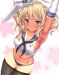  1girl armpits arms_up bangs black_legwear black_neckwear black_panties blonde_hair blue_eyes blush braid breasts capelet colorado_(kantai_collection) commentary_request cosplay cowboy_shot crop_top crying crying_with_eyes_open elbow_gloves eyebrows_visible_through_hair french_braid gloves hair_ribbon hairband kantai_collection large_breasts looking_at_viewer navel neckerchief necktie nijimoto_hirok open_mouth panties pantyhose pantyhose_pull ribbon sailor_collar school_uniform serafuku shimakaze_(kantai_collection) shimakaze_(kantai_collection)_(cosplay) short_hair sidelocks skindentation solo star sweat tan tanline tears underwear white_gloves white_ribbon 