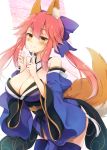  1girl animal_ears blue_legwear blush breasts cleavage fate/grand_order fate_(series) fate_pin fox_ears fox_tail japanese_clothes kimono kurikara large_breasts leaning_forward pink_hair smile solo tail tamamo_(fate)_(all) thighhighs twintails wide_sleeves yellow_eyes 