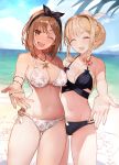  2girls ;d ^_^ absurdres ass_visible_through_thighs atelier_(series) atelier_ryza beach bikini black_bikini blonde_hair blurry blurry_background blush bow bracelet braid breasts bright_pupils brown_hair cleavage closed_eyes cowboy_shot depth_of_field detexted hair_bow hair_ornament hair_ribbon hair_up hairband hairclip halterneck highres horizon jewelry klaudia_valentz large_breasts medium_breasts multiple_girls navel necklace o-ring o-ring_bikini o-ring_bottom official_art one_eye_closed open_mouth outdoors outstretched_hand print_bikini reisalin_stout ribbon short_hair side_braid sidelocks smile swimsuit thighs third-party_edit toridamono white_bikini white_pupils 