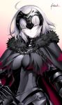  1girl ahoge armor armored_dress bangs black_cape black_dress breasts cape cowboy_shot dress eyebrows_visible_through_hair fate/apocrypha fate_(series) fur-trimmed_cape fur_collar fur_trim gauntlets gradient gradient_background hand_on_hip headpiece jeanne_d&#039;arc_(alter)_(fate) jeanne_d&#039;arc_(fate) jeanne_d&#039;arc_(fate)_(all) kousaki_rui large_breasts looking_at_viewer short_hair signature silver_hair solo tsurime yellow_eyes 