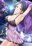  1girl armpits arms_up bangs bare_shoulders blush breasts cityscape cleavage collarbone fountain hayami_kanade highres idolmaster idolmaster_cinderella_girls jacket kazu looking_at_viewer medium_breasts night night_sky open_clothes open_jacket parted_bangs purple_camisole purple_jacket short_hair sitting sky solo thighs yellow_eyes 