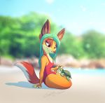  2018 absurd_res ambiguous_gender anthro beach blue_hair blurred_background blush brown_eyes canid canine canis claws clothed clothing detailed_background digital_drawing_(artwork) digital_media_(artwork) dingo dipstick_tail eyelashes female feral fur grainy green_body hair hi_res inner_ear_fluff looking_at_another mammal multicolored_tail one-piece_swimsuit outside pointedfox reptile sand scalie seaside shell signature sky smile swimwear tan_fur turtle turtle_shell water 