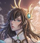  1girl absurdres artist_name black_hair blue_eyes braid brown_sky cloud collar dated day detached_collar hair_between_eyes hair_ornament highres irelia league_of_legends long_hair looking_at_viewer mamori outdoors parted_lips portrait solo 