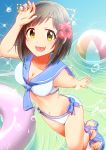  1girl :d animal_ears arm_up ball beachball bikini blue_bow blue_neckwear blue_sailor_collar bow breasts brown_hair cat_ears cleavage day fake_animal_ears fang flower green_eyes groin hibiscus idolmaster idolmaster_cinderella_girls looking_at_viewer maekawa_miku medium_breasts navel open_mouth outdoors red_hair sailor_bikini sailor_collar sailor_swimsuit_(idolmaster) shiny shiny_skin short_hair side-tie_bikini smile solo standing standing_on_one_leg swepot swimsuit white_bikini 