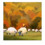  artist_name ashley_coad autumn autumn_leaves border closed_eyes fence gen_2_pokemon gen_8_pokemon grass headbutt leaf mareep no_humans pokemon pokemon_(creature) scenery tail tree watermark web_address white_border wooloo 