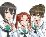  3girls bangs black_bow black_eyes black_hair black_neckwear black_ribbon blouse bow brown_eyes brown_hair commentary eyebrows_visible_through_hair fang girls_und_panzer grin hair_bow hair_ribbon highres hisaki kadotani_anzu kawashima_momo koyama_yuzu long_hair long_sleeves looking_at_viewer multiple_girls neckerchief no_eyewear one_eye_closed ooarai_school_uniform open_mouth parted_bangs red_eyes red_hair ribbon school_uniform serafuku short_hair short_ponytail simple_background smile symbol_commentary twintails v white_background white_blouse 