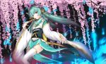  1girl blue_hair closed_fan eyebrows_visible_through_hair fan fate/grand_order fate_(series) floating_hair flower folding_fan hair_ornament holding holding_fan horns japanese_clothes kauto kimono kiyohime_(fate/grand_order) long_hair long_sleeves looking_at_viewer obi pink_flower sash solo standing thighhighs very_long_hair white_legwear wide_sleeves yellow_eyes 