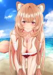  1girl absurdres all_fours animal_ears beach bent_over bikini breast_tattoo breasts cleavage highres large_breasts looking_at_viewer raccoon_ears raccoon_tail raphtalia seductive_smile smile solo swimsuit tail tate_no_yuusha_no_nariagari tattoo 