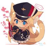  1girl animal_ear_fluff animal_ears armband azur_lane bangs black_dress black_headwear black_legwear blonde_hair blue_eyes blush cat_ears cat_girl cat_tail character_request chibi commentary_request copyright_name dress flag frilled_dress frills hair_between_eyes hat highres iron_cross long_hair long_sleeves military_hat muuran pantyhose parted_lips peaked_cap shadow signature sleeves_past_fingers sleeves_past_wrists solo sparkle tail tail_raised translation_request very_long_hair 