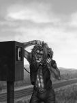  2017 5_fingers anthro belt body_hair clothed clothing day detailed_background digital_media_(artwork) felid greyscale happy_trail lion male mammal mane monochrome open_mouth outside pantherine phone sabretoothed_ermine standing teeth whiskers 