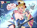  angry blonde_hair blue_eyes bow breasts cassandra_alexandra damedungeon dc fangs gameplay_mechanics gloves hair_bow large_breasts nipples open_mouth ponytail shield shoulder_pads solo soulcalibur soulcalibur_iv sword tears torn_clothes translated wardrobe_malfunction weapon 