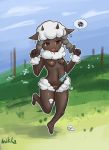  2019 anthro anthrofied bovid breasts caprine cleavage clothed clothing dark_skin female fluffy fur hi_res horn invalid_tag mammal nintendo piercing pink_nose pok&eacute;mon pok&eacute;mon_(species) pok&eacute;morph short_stack simple_background slightly_chubby solo thick_thighs tongue video_games wooloo 