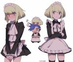  2boys alternate_costume apron black_dress blonde_hair blush cravat crossdressing dress earrings enmaided frills galo_thymos green_hair jewelry lio_fotia maid maid_apron maid_headdress male_focus multiple_boys promare puffy_short_sleeves puffy_sleeves purple_eyes short_sleeves waist_apron wrist_cuffs yuuhi_homare 