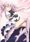  artist_request black_cat boots cat dress highres holding holding_cat kaname_madoka long_hair mahou_shoujo_madoka_magica one_eye_closed pink_footwear pink_hair smile thigh_boots thighhighs twintails ultimate_madoka white_dress winged_boots yellow_eyes 