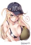  1girl alternate_costume ball bikini black_bikini black_bikini_top blonde_hair blue_eyes breast_press breasts character_name cleavage collarbone cropped_torso ebifurya eyebrows_visible_through_hair groin hair_between_eyes hair_over_shoulder heart highres holding holding_ball iowa_(kantai_collection) jockey kantai_collection large_breasts long_hair looking_at_viewer messy_hair one_eye_closed sidelocks solo spoken_heart star star-shaped_pupils swimsuit symbol-shaped_pupils tongue tongue_out twitter_username white_background 