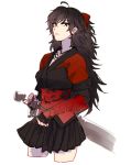  1girl ahoge bead_necklace beads black_hair chuu doodle greaves jewelry long_hair looking_at_viewer necklace raven_branwen red_eyes rwby scabbard sheath skirt solo sword weapon white_background younger 