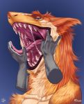  drooling fur gaping_mouth hi_res jaws lineless looking_at_viewer male mammal mouth_shot open_mouth orange_fur paws riorix saliva savvel sergal simple_background smug teeth throat tongue tongue_out 