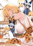  3girls :3 :d adapted_costume alternate_breast_size animal_ear_fluff animal_ears bangs black_gloves black_jacket black_neckwear blonde_hair bow bowtie breast_rest breasts closed_eyes commentary cup drinking_glass drinking_straw elbow_gloves extra_ears ezo_red_fox_(kemono_friends) finger_to_mouth fox_ears gloves grey_hair hair_between_eyes hayashi_(l8poushou) highres indoors jacket kemono_friends large_breasts multicolored_hair multiple_girls ok_sign open_mouth orange_eyes orange_jacket pantyhose pillow print_gloves print_legwear print_skirt serval_(kemono_friends) serval_ears serval_print shushing silver_fox_(kemono_friends) skirt sleeping smile suspender_skirt suspenders table thighhighs triangle_mouth wooden_floor 