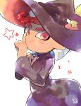  1boy black_headwear black_robe closed_mouth hand_up hat holding index_finger_raised inkbrush_(splatoon) kirikuchi_riku long_sleeves looking_at_viewer mohawk octarian octoling over_shoulder pink_eyes red_hair robe smile solo splatoon_(series) splatoon_2 star suction_cups tentacle_hair white_background wizard_hat 