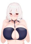  1girl absurdres alternate_costume azur_lane bangs bare_shoulders bikini black_bikini blush breasts choker cleavage closed_mouth collarbone commentary_request crossed_bangs eyebrows_visible_through_hair hair_between_eyes hands_on_own_chest highres huge_breasts korean_commentary red_eyes sidelocks simple_background sirius_(azur_lane) solo sweat swimsuit tastysalt white_background 