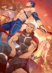  4boys abs absurdres archer arm_tattoo armpits back_tattoo bare_arms black_gloves black_hair blonde_hair blue_hair blue_pants bracelet cape dutch_angle ea_(fate/stay_night) earrings fate/grand_order fate/prototype fate/prototype:_fragments_of_blue_and_silver fate/stay_night fate_(series) gae_bolg gilgamesh gloves gold_armor grey_eyes highres holding holding_spear holding_staff holding_weapon jewelry lancer looking_at_viewer male_focus mazjojo multiple_boys muscle necklace orange_background ozymandias_(fate) pants polearm shirtless sitting spear staff standing tan tattoo weapon white_cape white_hair 
