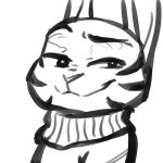  2018 ambiguous_gender anthro black_and_white bust_portrait clothed clothing disney eyebrows facial_markings fur_markings half-closed_eyes ittybittykittytittys jack_savage lagomorph leporid mammal markings monochrome portrait rabbit raised_eyebrow simple_background smile smirk solo white_background zootopia 