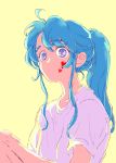  1girl 369-chan blue_hair botan_(yuu_yuu_hakusho) commentary_request heart highres long_hair looking_at_viewer ponytail shirt simple_background solo t-shirt yuu_yuu_hakusho 