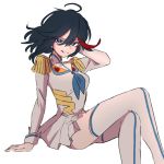  1girl arm_behind_head arm_support bangs black_hair blue_eyes blue_neckwear commentary crossed_legs dress epaulettes grin half-closed_eyes high_collar highlights invisible_chair junketsu kill_la_kill looking_at_viewer matoi_ryuuko medium_hair mittsun multicolored_hair neckerchief pleated_dress print_legwear red_hair short_dress simple_background single_vertical_stripe sitting smile solo streaked_hair thighhighs two-tone_hair white_background white_dress white_legwear wind 