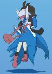  2018 blue_background blue_body chest_markings claws clothing dotrook eyes_closed floating footwear hair hat headgear headwear hi_res hilda_(pok&eacute;mon) latios legendary_pok&eacute;mon markings messenger_bag nintendo pok&eacute;mon pok&eacute;mon_(species) shoes simple_background solo species_transformation transformation video_games white_body white_claws 