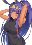  1girl absurdres animal_ears armpits arms_up bangs bare_shoulders blunt_bangs blush breasts dark_skin facepaint facial_mark fate/grand_order fate_(series) hair_tubes highres jackal_ears large_breasts long_hair looking_at_viewer nanasea74 nitocris_(fate/grand_order) open_mouth ponytail purple_eyes purple_hair sidelocks simple_background solo very_long_hair wavy_mouth white_background 