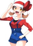  1girl :d absurdres blue_shorts bow breasts brown_hair collarbone cowboy_shot hat hat_bow highres kotone_(pokemon) looking_at_viewer medium_breasts open_mouth pokemon pokemon_(game) pokemon_hgss red_bow red_shirt sailor_collar shirt short_hair short_shorts shorts simple_background sleeves_rolled_up smile solo standing suspender_shorts suspenders twintails white_background white_headwear white_sailor_collar yellow_eyes yuihiko 