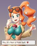  1girl :d aqua_eyes between_breasts blush breast_grab breasts cleavage coat eld_(ljhlee12) english_text eyewear_on_head glasses grabbing groping hair_ornament heart heart_hair_ornament highres medium_breasts open_clothes open_coat open_mouth orange_hair poke_ball pokemon pokemon_(game) pokemon_swsh side_ponytail smile sonia_(pokemon) speech_bubble text_focus 