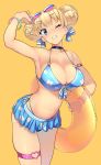  1girl arm_up bangs bikini black_choker blonde_hair blue_bikini blue_eyes blunt_bangs blush borrowed_character bow breasts choker cleavage commentary_request cowboy_shot double_bun glint grin hair_bow hair_ornament hairclip heart highres holding holding_innertube innertube jii_(user_ihp6405) large_breasts leaning_forward lina_(michihasu) looking_at_viewer midriff nail_polish one_eye_closed orange_background original shiny shiny_skin simple_background skindentation smile solo sunglasses swimsuit symbol_commentary thigh_strap thighs 