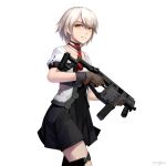  1girl absurdres artist_name bangs brown_eyes brown_gloves choker commentary cowboy_shot dress frown girls_frontline gloves grey_hair gun hair_over_one_eye highres holding holding_gun holding_weapon kriss_vector looking_to_the_side multicolored multicolored_clothes multicolored_dress red_neckwear serious short_hair short_sleeves solo standing submachine_gun vector_(girls_frontline) vectorek walking weapon white_background yellow_eyes 