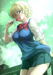  1girl blonde_hair blue_eyes bow bowtie braid breasts candy cowboy_shot darjeeling foliage food girls_und_panzer highres large_breasts licking lollipop looking_at_viewer nakahira_guy pleated_skirt skirt vest 