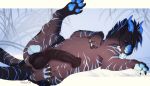  2019 anus arsauron balls black_hair black_sclera blue-eyes blue_pawpads claws digital_media_(artwork) dragon feral fur furred_dragon hair lying on_back pawpads penis solo striped_fur stripes 