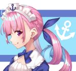  1girl :q anchor anchor_symbol bangs blue_background blue_bow blue_hair blue_ribbon blush bow braid closed_mouth eyebrows_visible_through_hair hair_between_eyes hair_ribbon highres hololive long_hair looking_at_viewer maid_headdress minato_aqua multicolored_hair pink_hair profile puffy_sleeves purple_eyes ribbon smile solo tongue tongue_out twintails two-tone_background two-tone_hair upper_body virtual_youtuber white_background yuuki_nao_(pixiv10696483) 