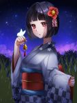  1girl bangs bell black_hair blunt_bangs butterfly_on_hand camellia cloud floral_print flower grass grey_kimono hair_flower hair_ornament hand_up highres hitsuji_kumo japanese_clothes kimono long_neck looking_at_viewer nail_polish night night_sky obi original red_eyes red_nails sash short_hair sky star_(sky) starry_sky tareme wide_sleeves 