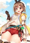 1girl :d atelier_(series) atelier_ryza bangs belt belt_buckle beret black_ribbon blue_belt blue_sky blush breasts brown_belt brown_eyes brown_gloves brown_hair buckle cleavage cloud collarbone commentary_request day dutch_angle eyebrows_visible_through_hair fingernails gloves hair_between_eyes hair_ornament hairclip hand_up hat highres holding jewelry komori_kuzuyu long_sleeves navel necklace open_mouth outdoors pink_nails puffy_long_sleeves puffy_sleeves red_shorts reisalin_stout ribbon round-bottom_flask round_teeth shirt short_hair short_shorts shorts single_glove sky small_breasts smile solo star star_necklace teeth thighhighs thighs upper_teeth vial white_headwear white_legwear white_shirt 